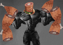 a very muscular man with a top hat and a slice of meat on his head