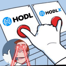 a cartoon of a hand pressing a red button with the word hodl on it