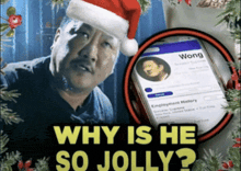a man wearing a santa hat next to a phone with wong on it