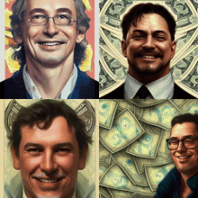 a collage of four portraits of men with one of them having a 1 dollar bill