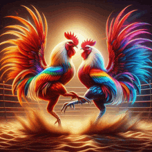 two colorful roosters standing next to each other in a ring