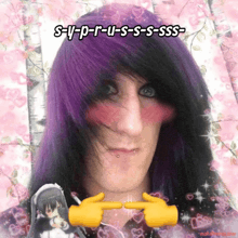 a picture of a person with purple hair and the words s-y-p-r-u-s-s