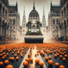 a green tractor is driving down a street filled with oranges .