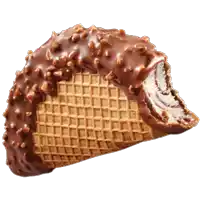 a waffle cone covered in chocolate and nuts has a bite taken out of it