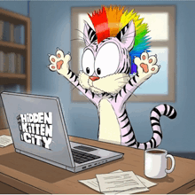a cartoon cat with a rainbow mohawk is looking at a laptop that says hidden kitten city