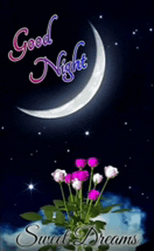 a good night card with a crescent moon and roses