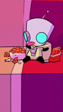 a cartoon character sitting on a table with a bowl of food