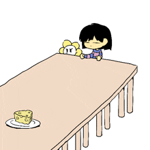 a cartoon of a girl sitting at a table next to a piece of cheese