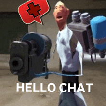 a cartoon character with a gun and a speech bubble saying hello chat