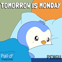 a cartoon of a penguin with the words tomorrow is monday above it