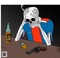 a cartoon drawing of a skeleton smoking a cigarette next to a bottle of tequila and a gun