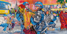 a colorful painting of police officers holding a man in front of a crowd