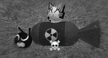 a bomb with a cat on top of it and a skull and crossbones