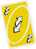 a yellow uno card with two arrows pointing in opposite directions on it