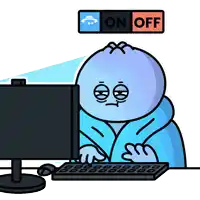 a cartoon character is typing on a keyboard under a sign that says " on " and " off "