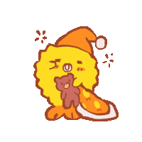 a cartoon drawing of a yellow lion wearing a santa hat holding a teddy bear