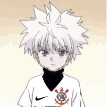 a drawing of a boy with white hair and blue eyes wearing a white shirt .