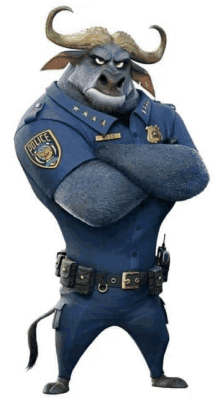 a cartoon character in a police uniform with his arms crossed and a badge that says police