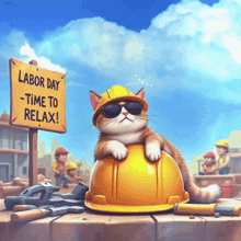 a cat wearing a hard hat sits under a sign that says labor day time to relax