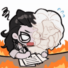 a cartoon drawing of a woman sitting at a desk writing on a piece of paper