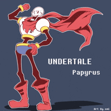 a drawing of papyrus from undertale with a red cape and boots