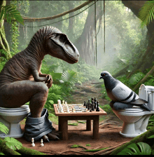 a dinosaur sitting on a toilet playing chess with a pigeon on a toilet