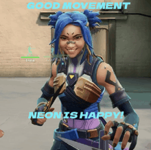 a video game character with blue hair and the words good movement neon is happy on the bottom