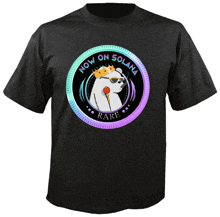 a black t-shirt with a sloth wearing sunglasses and a crown that says now on solana rare