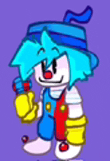 a cartoon clown is holding a microphone and wearing overalls and a blue hat .