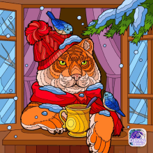 a tiger wearing a red hat and scarf is holding a cup of coffee