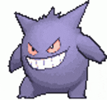 a pixel art drawing of a purple monster with big teeth and a big smile .