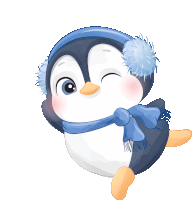 a penguin wearing a blue hat and scarf winks