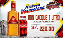 a bottle of ron cacique and two coca cola bottles