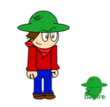 a cartoon character with a green hat and a red shirt