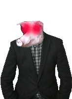 a man in a suit with a pig 's head on his head