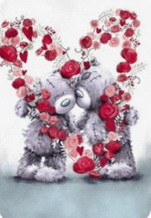 two teddy bears are kissing in front of a heart made of flowers