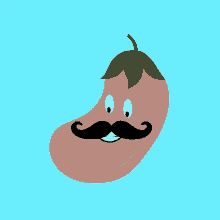 a cartoon illustration of an eggplant with a green leaf and a mustache