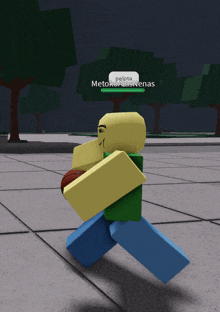 a roblox character is holding a basketball and has a speech bubble that says " pelota " on it