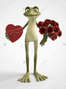 a frog holding a heart and a bouquet of roses