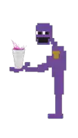 a purple pixel art character is holding a styrofoam cup with liquid coming out of it