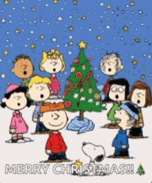 a group of cartoon characters singing merry christmas in front of a christmas tree