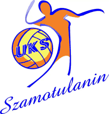 a logo for uk s szamotulanin shows a person holding a volleyball