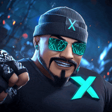 a man with a beard wearing a beanie and sunglasses has a large x on his shirt