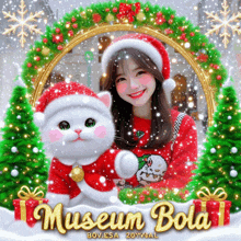 a girl in a santa hat holds a white cat in front of a museum bola sign