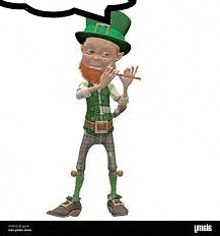 a cartoon leprechaun is playing a flute while wearing a green hat .