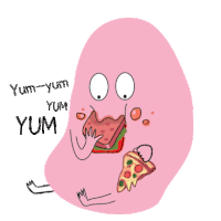 a cartoon of a person eating a sandwich and a slice of pizza with the words yum-yum yum yum