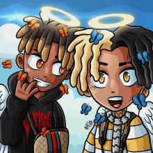 a cartoon drawing of two people with angels on their heads and a nikon camera around their neck