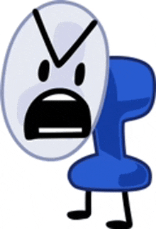 a cartoon character with an angry face and a blue pin with legs .