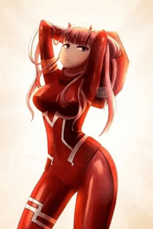 a girl in a red suit with horns on her head is standing with her hands behind her head .