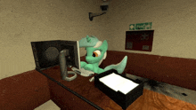 a pony is sitting at a desk with a computer and a first aid box